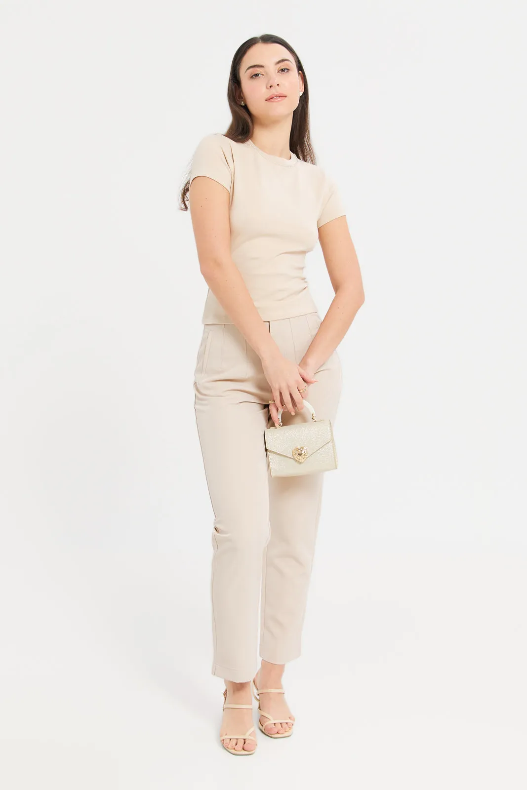 Women Ivory Round Neck Studded Detailed Top