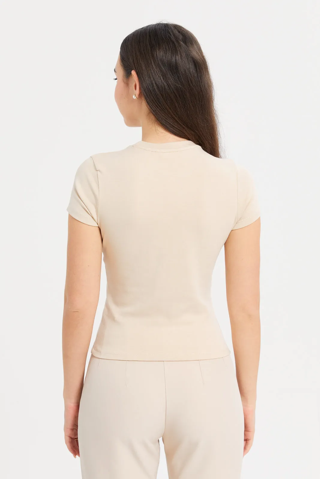 Women Ivory Round Neck Studded Detailed Top