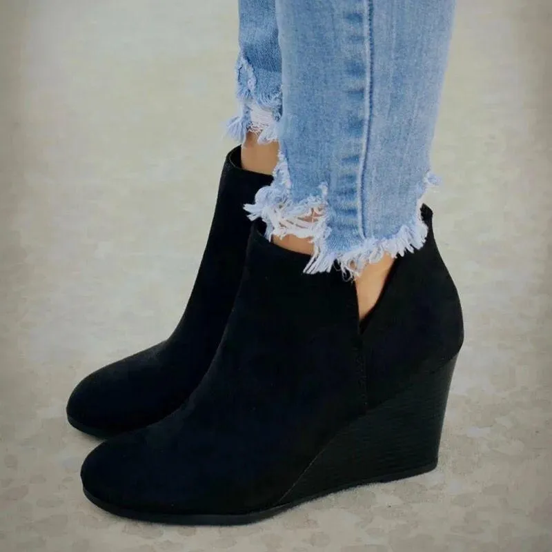 Women side v cutout slip on wedge booties
