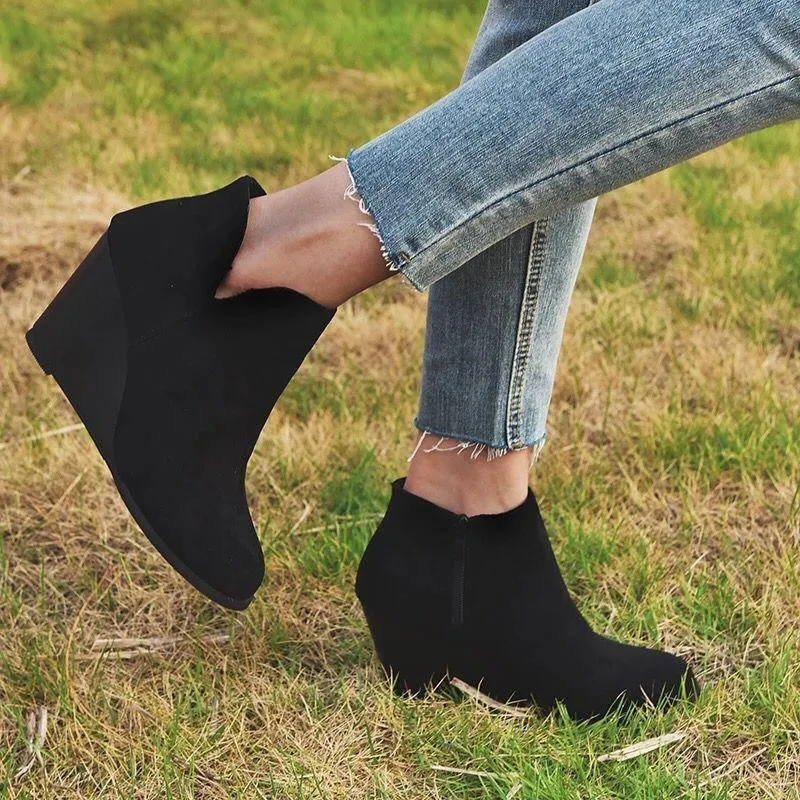 Women side v cutout slip on wedge booties