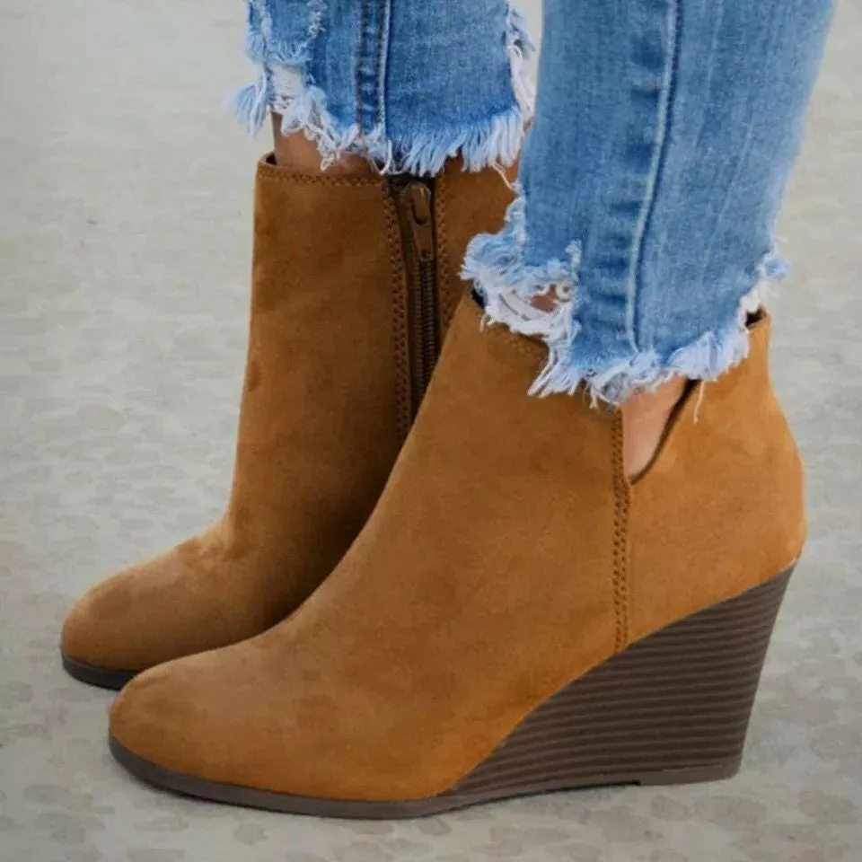 Women side v cutout slip on wedge booties