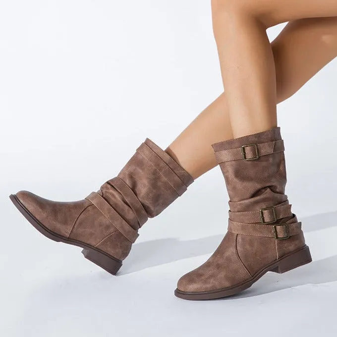 Women's buckle straps slouchy mid calf motorcycle boots Fall winter low heel biker boots