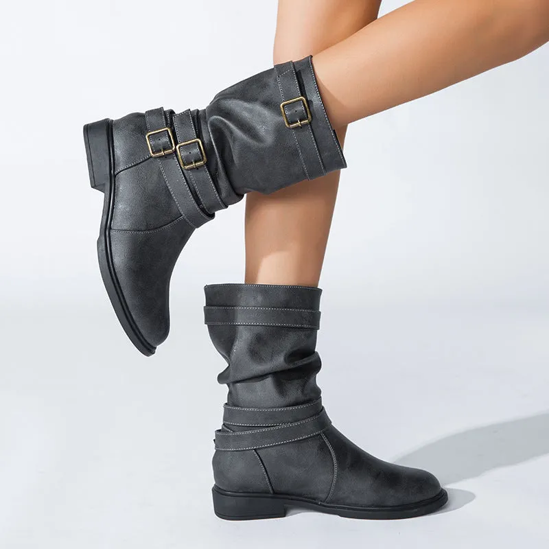 Women's buckle straps slouchy mid calf motorcycle boots Fall winter low heel biker boots