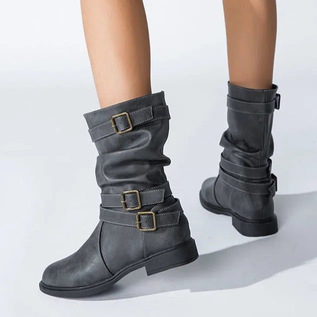 Women's buckle straps slouchy mid calf motorcycle boots Fall winter low heel biker boots