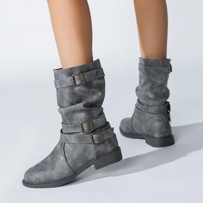 Women's buckle straps slouchy mid calf motorcycle boots Fall winter low heel biker boots
