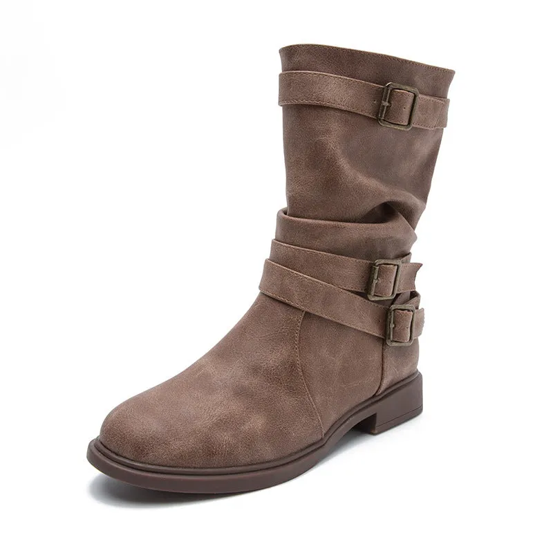 Women's buckle straps slouchy mid calf motorcycle boots Fall winter low heel biker boots