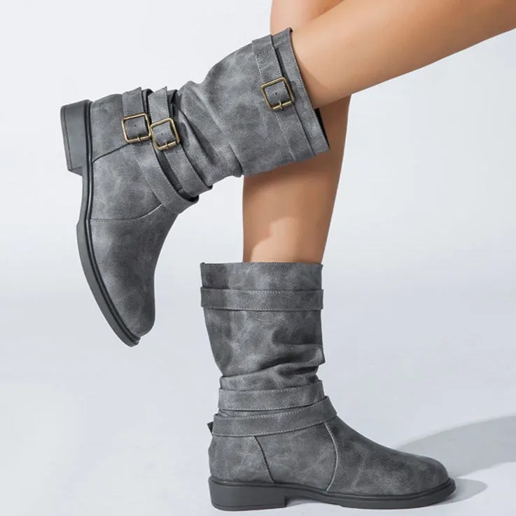 Women's buckle straps slouchy mid calf motorcycle boots Fall winter low heel biker boots