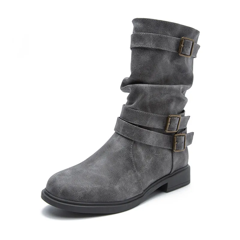 Women's buckle straps slouchy mid calf motorcycle boots Fall winter low heel biker boots