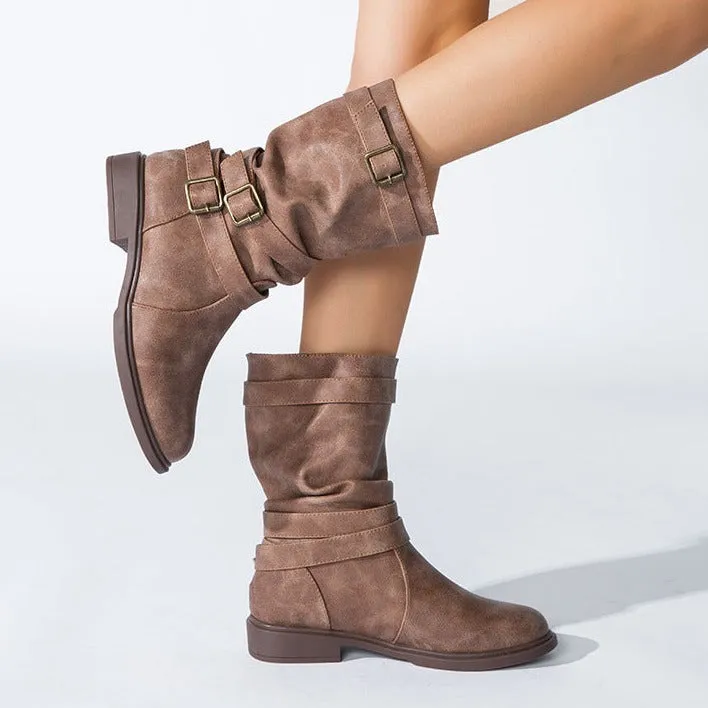 Women's buckle straps slouchy mid calf motorcycle boots Fall winter low heel biker boots