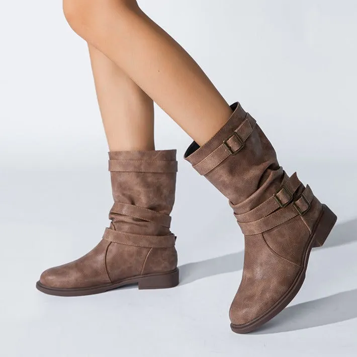 Women's buckle straps slouchy mid calf motorcycle boots Fall winter low heel biker boots