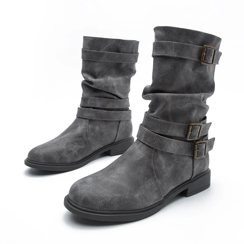 Women's buckle straps slouchy mid calf motorcycle boots Fall winter low heel biker boots