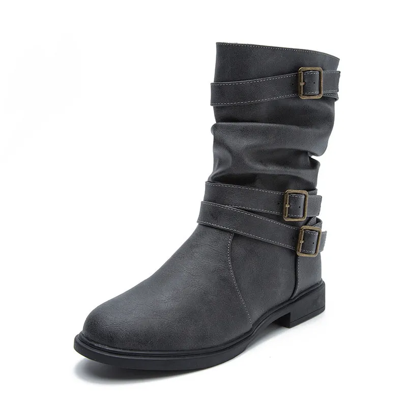 Women's buckle straps slouchy mid calf motorcycle boots Fall winter low heel biker boots