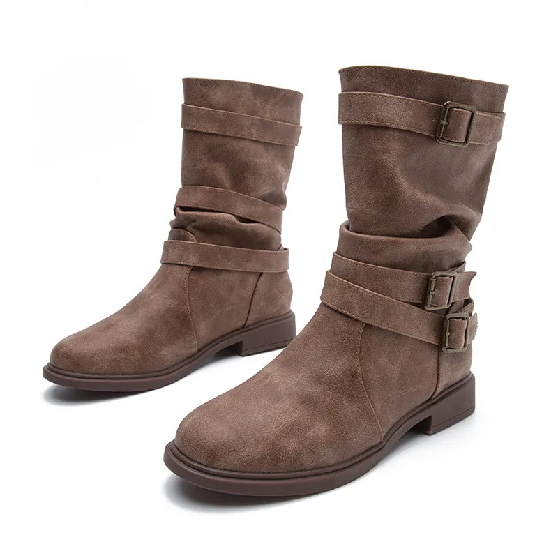 Women's buckle straps slouchy mid calf motorcycle boots Fall winter low heel biker boots