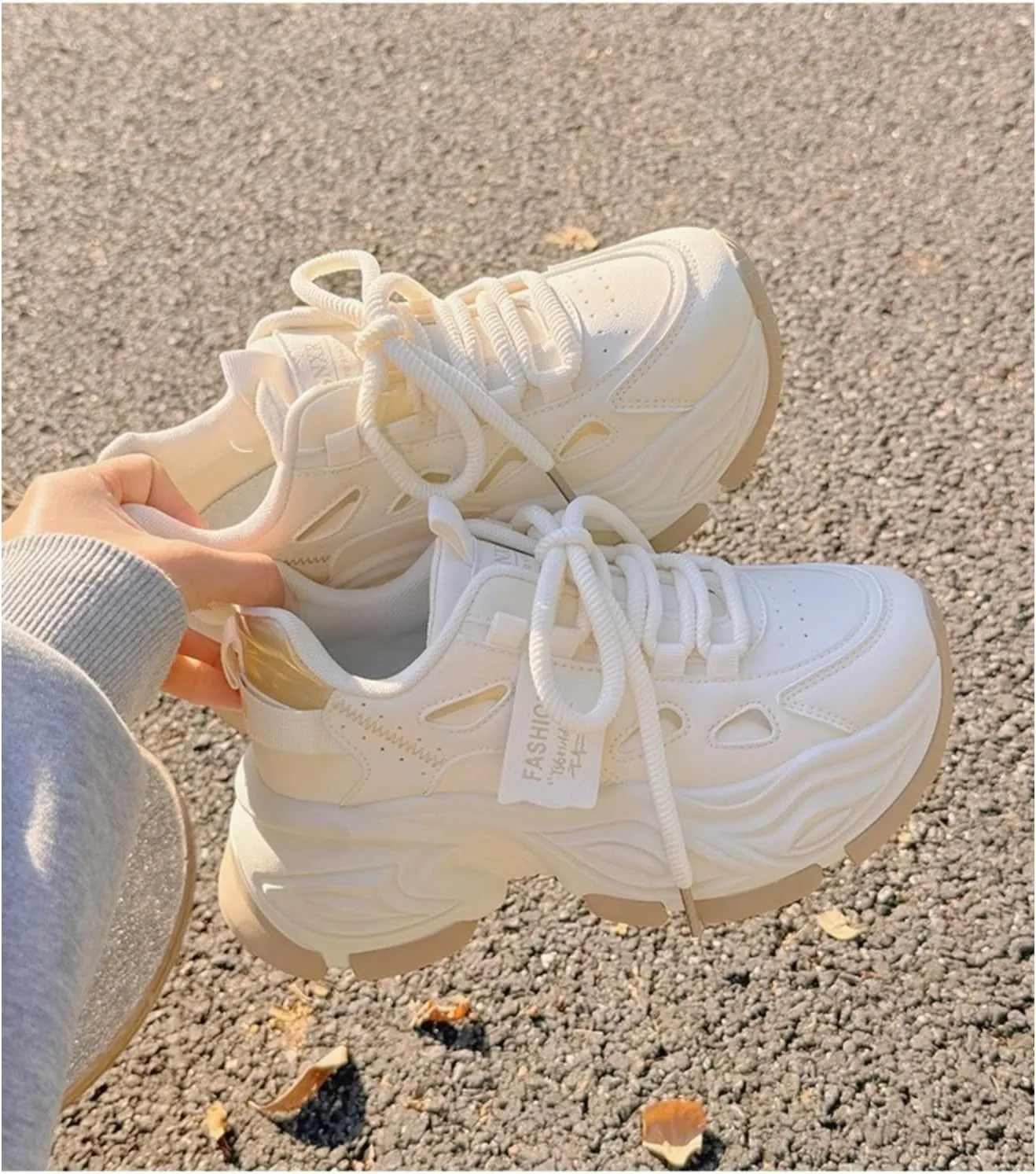 Women's Chunky Sole Dad Shoes - Elevated White Platform Sneakers Classic Lace Up Mid-Heel Elegant Vintage Walking