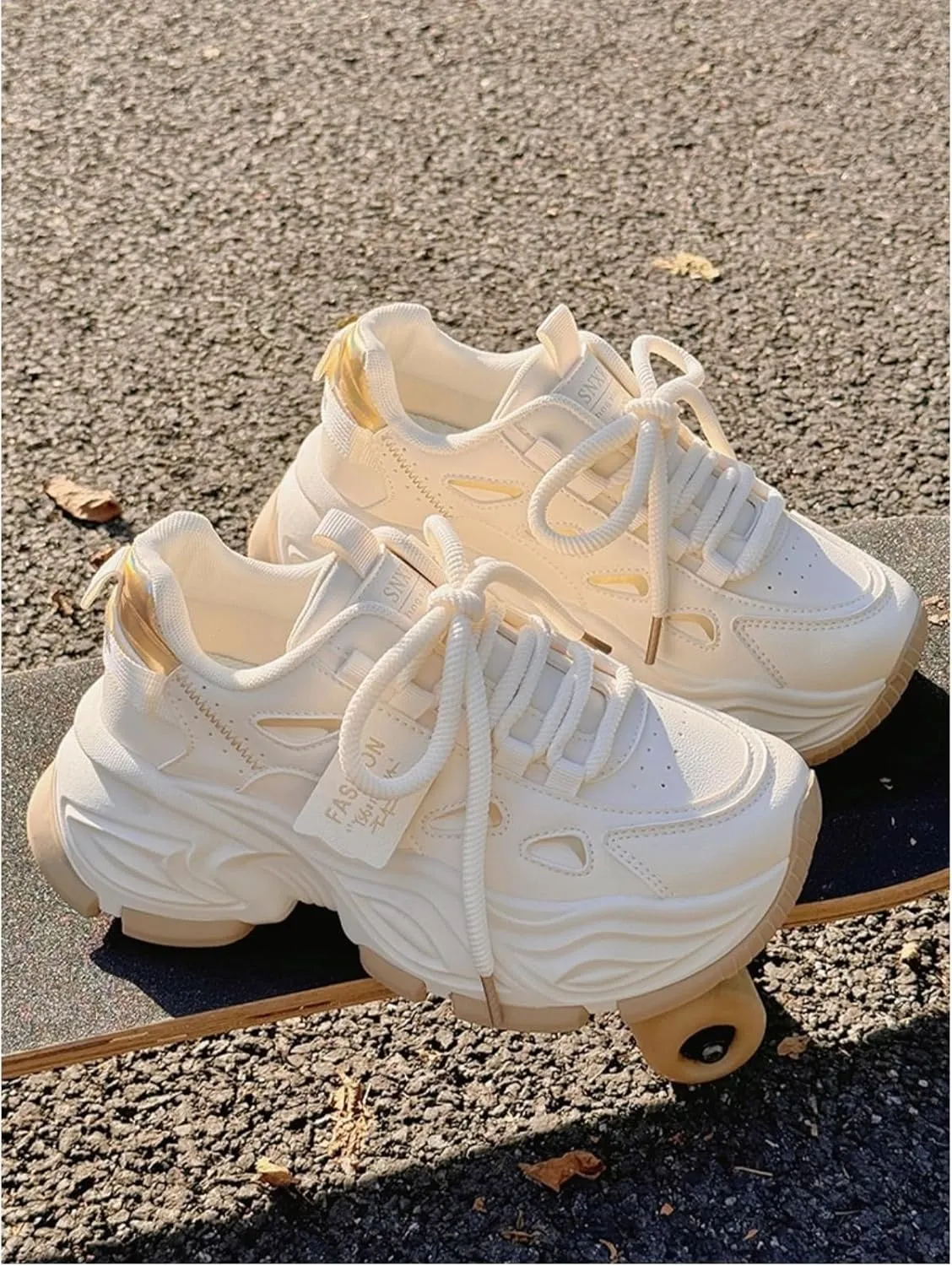 Women's Chunky Sole Dad Shoes - Elevated White Platform Sneakers Classic Lace Up Mid-Heel Elegant Vintage Walking
