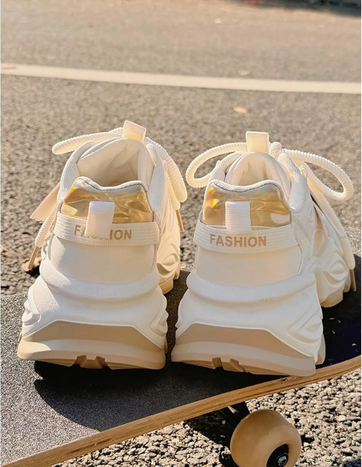 Women's Chunky Sole Dad Shoes - Elevated White Platform Sneakers Classic Lace Up Mid-Heel Elegant Vintage Walking