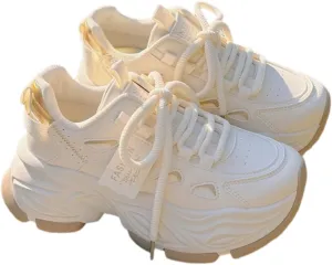 Women's Chunky Sole Dad Shoes - Elevated White Platform Sneakers Classic Lace Up Mid-Heel Elegant Vintage Walking
