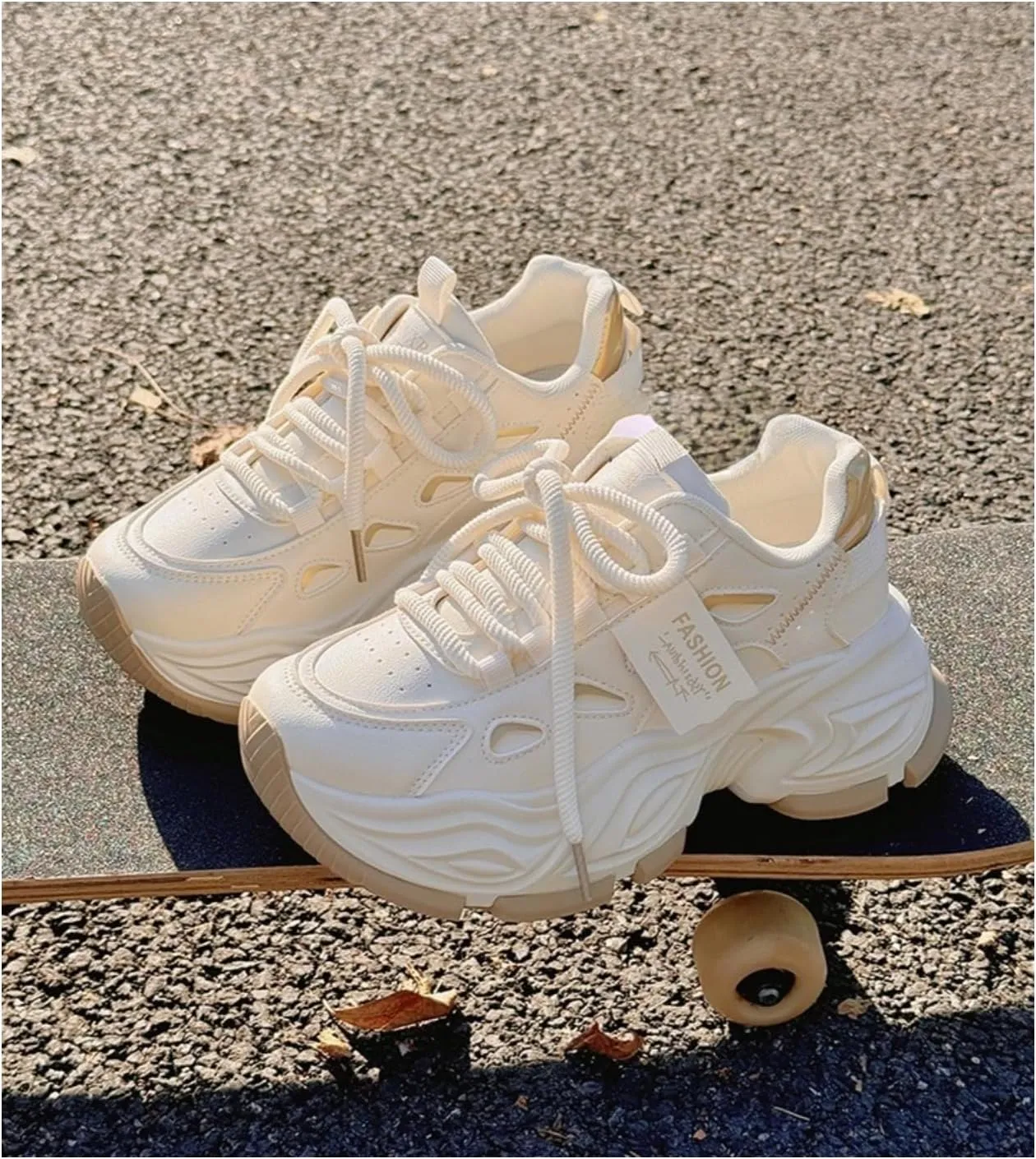 Women's Chunky Sole Dad Shoes - Elevated White Platform Sneakers Classic Lace Up Mid-Heel Elegant Vintage Walking
