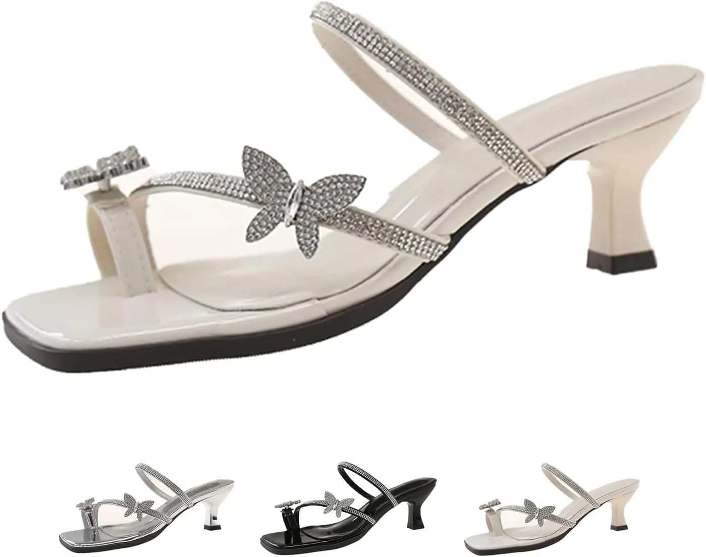 Women's Elegant Rhinestone Butterfly Toe Loop Heeled Sandals Fashion Open Square Toe Kitten Heel Slingback Slip On Pumps Summer Prom Wedding Party Dress Shoes