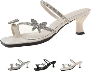 Women's Elegant Rhinestone Butterfly Toe Loop Heeled Sandals Fashion Open Square Toe Kitten Heel Slingback Slip On Pumps Summer Prom Wedding Party Dress Shoes