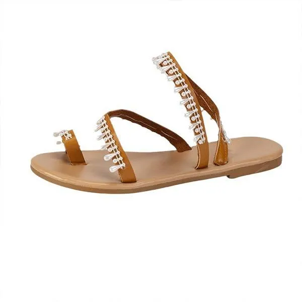 Women's Roman Style Pearl Embellished Flat Sandals 73620399C