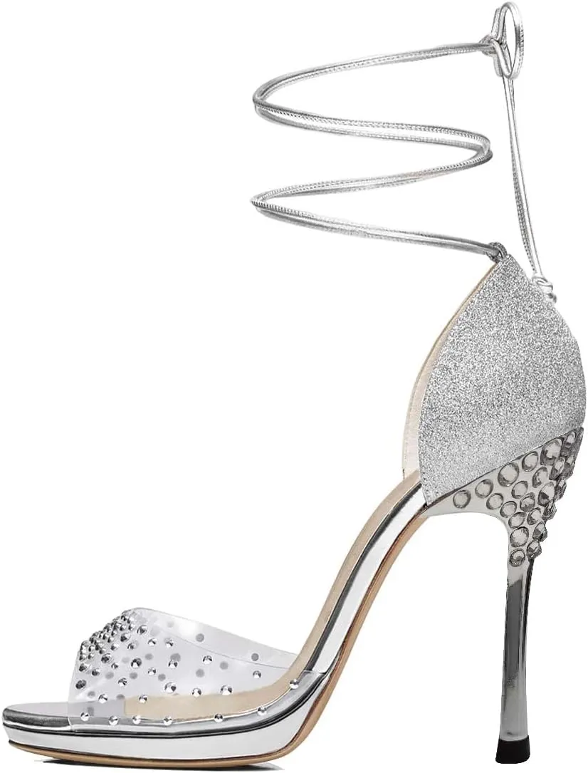 XYD Women Glitter Open Toe Lace Up Sandals High Heel Stiletto Rhinestones Pumps Prom Dance Ballroom Elegant Dress Shoes