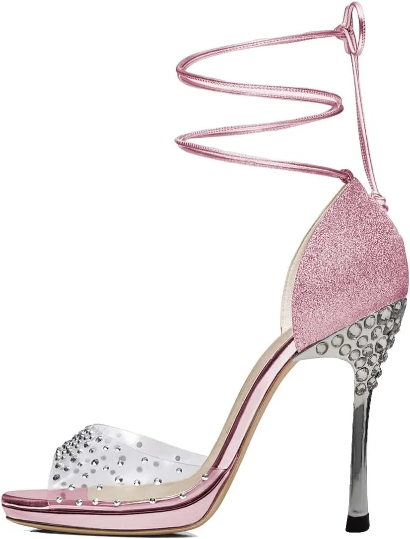 XYD Women Glitter Open Toe Lace Up Sandals High Heel Stiletto Rhinestones Pumps Prom Dance Ballroom Elegant Dress Shoes