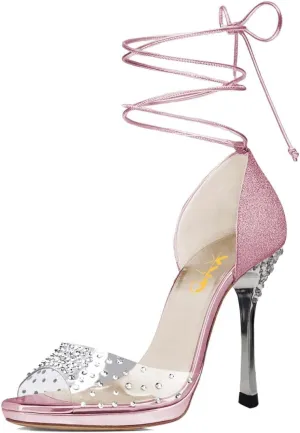 XYD Women Glitter Open Toe Lace Up Sandals High Heel Stiletto Rhinestones Pumps Prom Dance Ballroom Elegant Dress Shoes