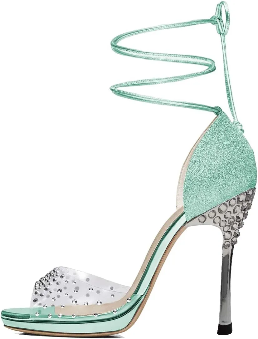 XYD Women Glitter Open Toe Lace Up Sandals High Heel Stiletto Rhinestones Pumps Prom Dance Ballroom Elegant Dress Shoes