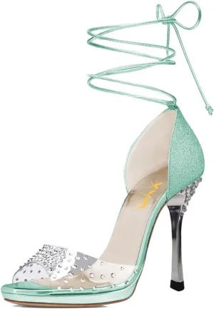 XYD Women Glitter Open Toe Lace Up Sandals High Heel Stiletto Rhinestones Pumps Prom Dance Ballroom Elegant Dress Shoes