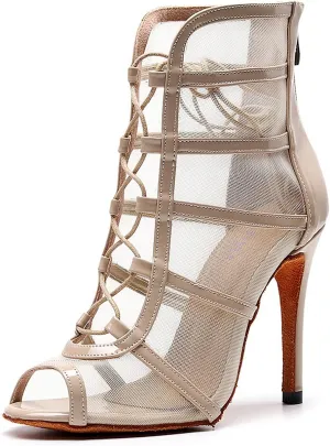 YKXLM Latin Dance Boots Salsa Women Ballroom Lace-up Ankle Open Toe Dance Shoes