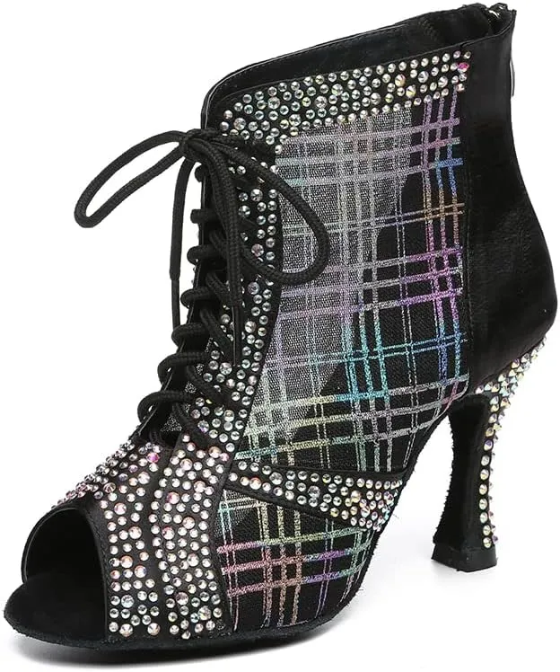 YKXLM Women Rhinestone Ballroom Dance Shoes Latin Performance Dance Shoes Suede Sole