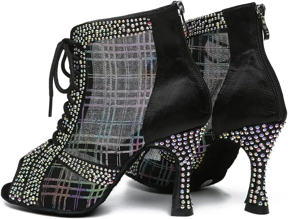 YKXLM Women Rhinestone Ballroom Dance Shoes Latin Performance Dance Shoes Suede Sole
