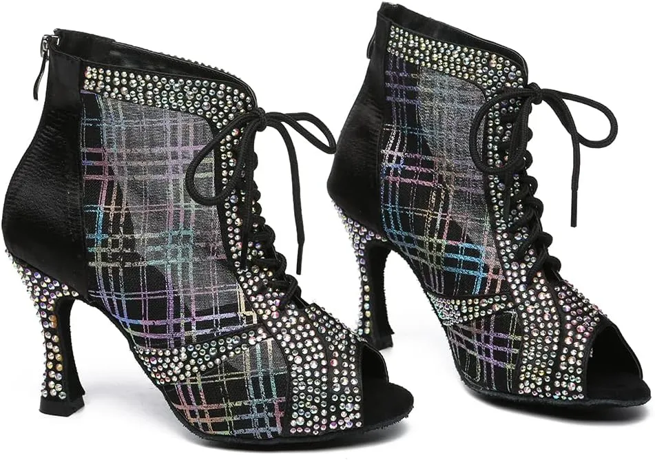 YKXLM Women Rhinestone Ballroom Dance Shoes Latin Performance Dance Shoes Suede Sole