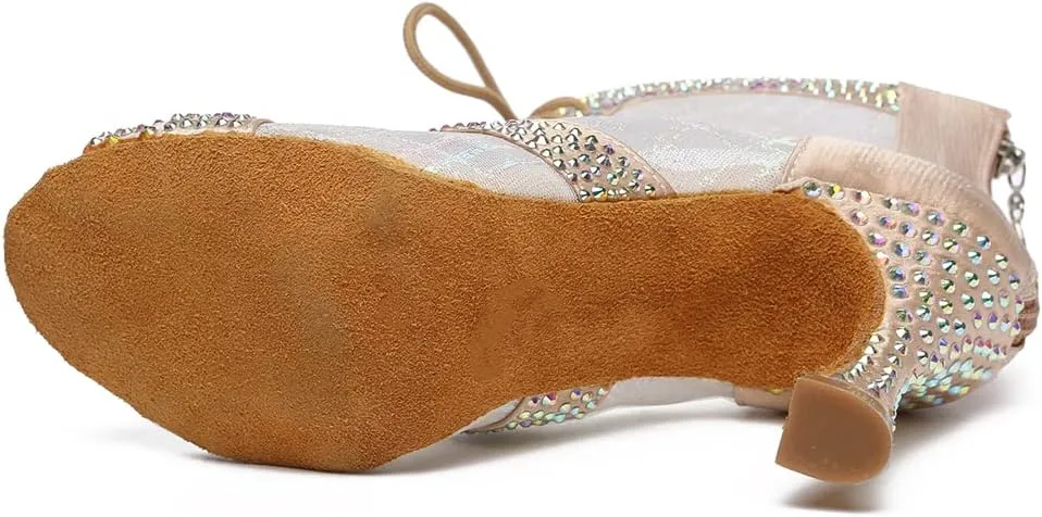 YKXLM Women Rhinestone Ballroom Dance Shoes Latin Performance Dance Shoes Suede Sole