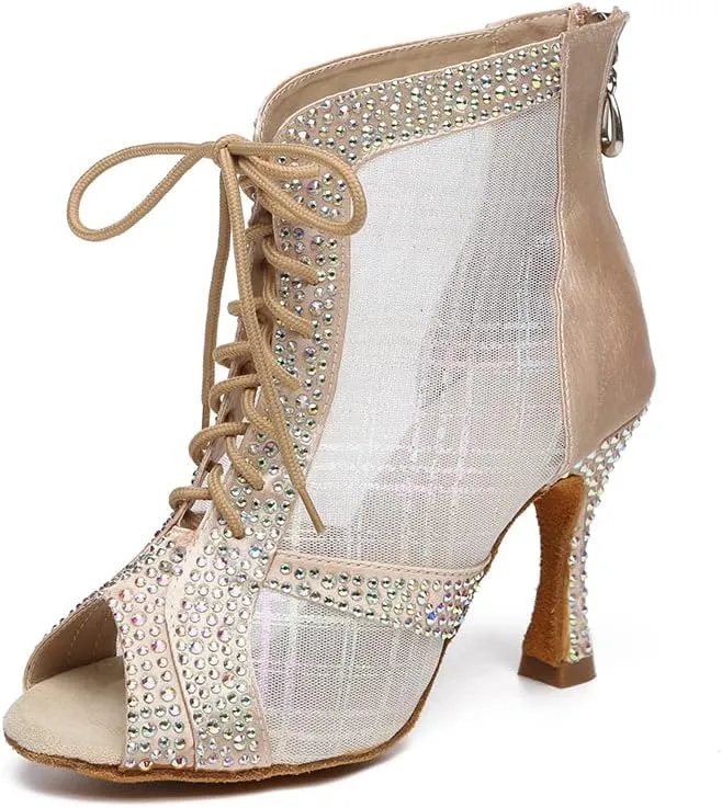 YKXLM Women Rhinestone Ballroom Dance Shoes Latin Performance Dance Shoes Suede Sole