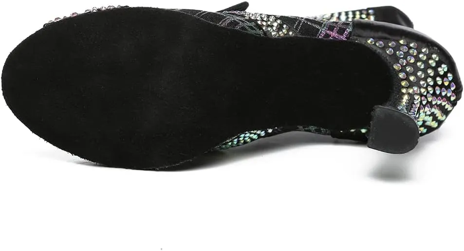 YKXLM Women Rhinestone Ballroom Dance Shoes Latin Performance Dance Shoes Suede Sole