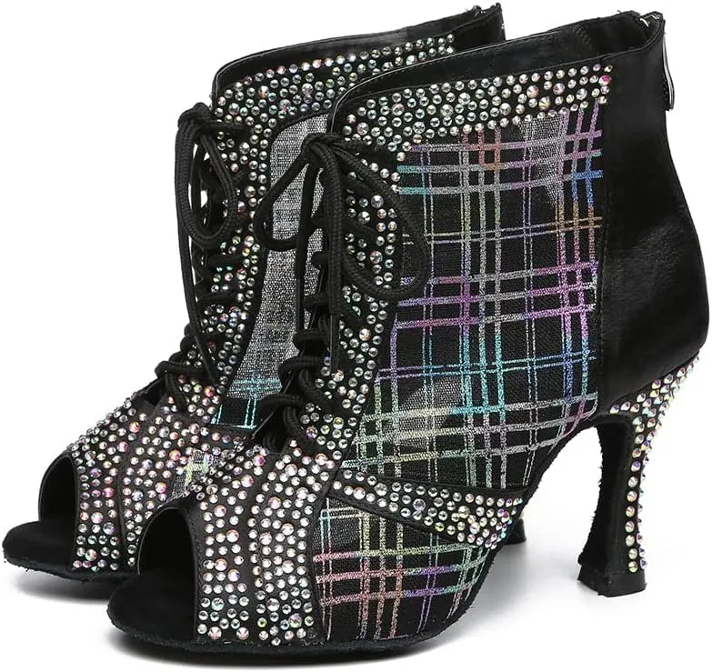 YKXLM Women Rhinestone Ballroom Dance Shoes Latin Performance Dance Shoes Suede Sole