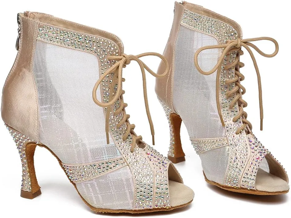 YKXLM Women Rhinestone Ballroom Dance Shoes Latin Performance Dance Shoes Suede Sole