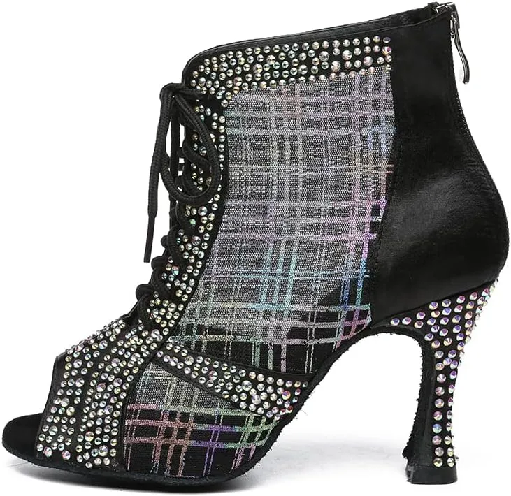 YKXLM Women Rhinestone Ballroom Dance Shoes Latin Performance Dance Shoes Suede Sole