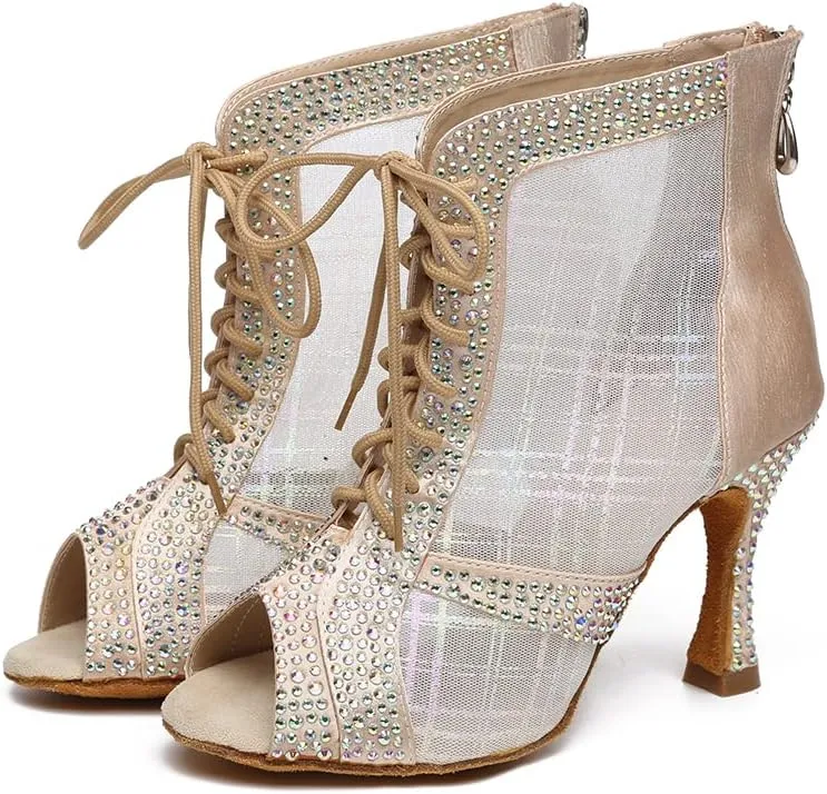 YKXLM Women Rhinestone Ballroom Dance Shoes Latin Performance Dance Shoes Suede Sole