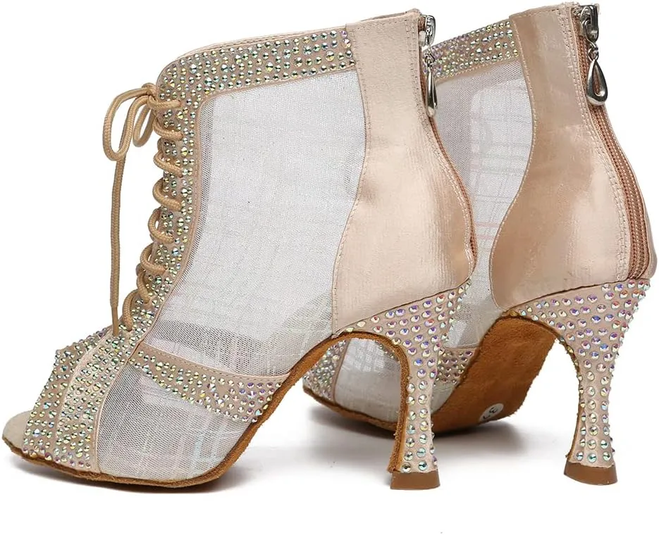 YKXLM Women Rhinestone Ballroom Dance Shoes Latin Performance Dance Shoes Suede Sole