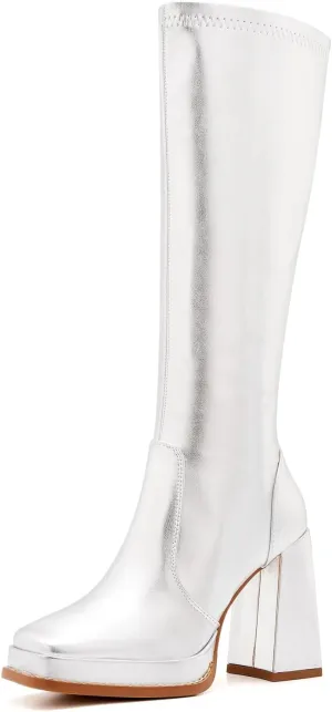 ZXHYZLZ Knee High Gogo Boots 70S For Women Wide Calf Long Tall Square Toe Chunky Boot Women