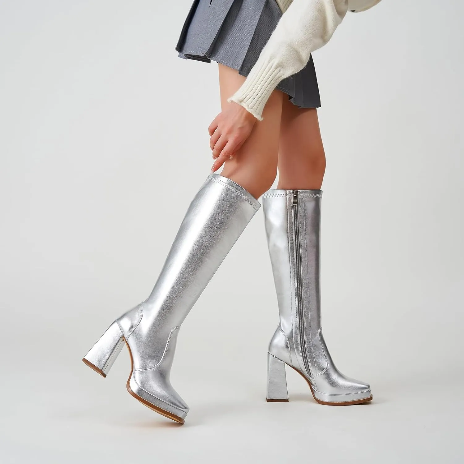 ZXHYZLZ Knee High Gogo Boots 70S For Women Wide Calf Long Tall Square Toe Chunky Boot Women