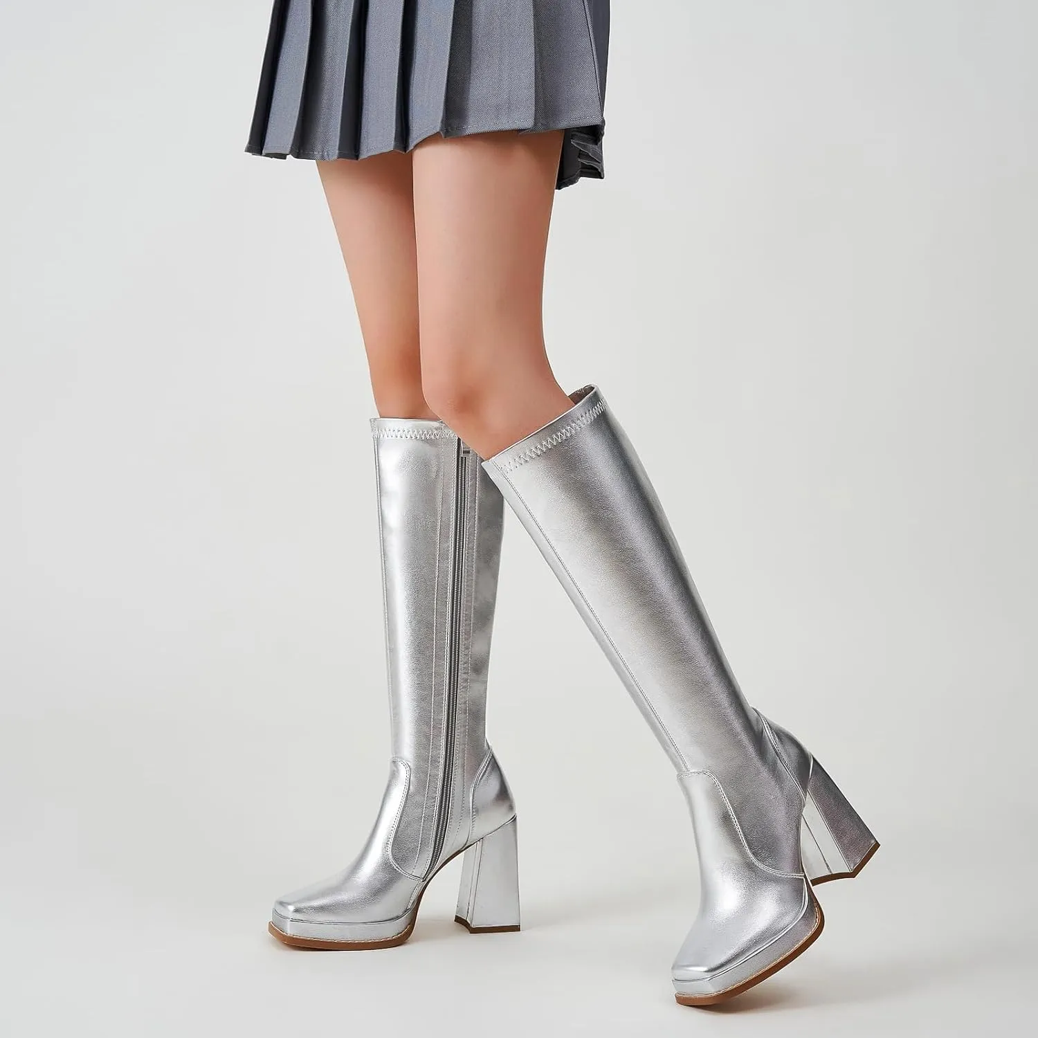 ZXHYZLZ Knee High Gogo Boots 70S For Women Wide Calf Long Tall Square Toe Chunky Boot Women