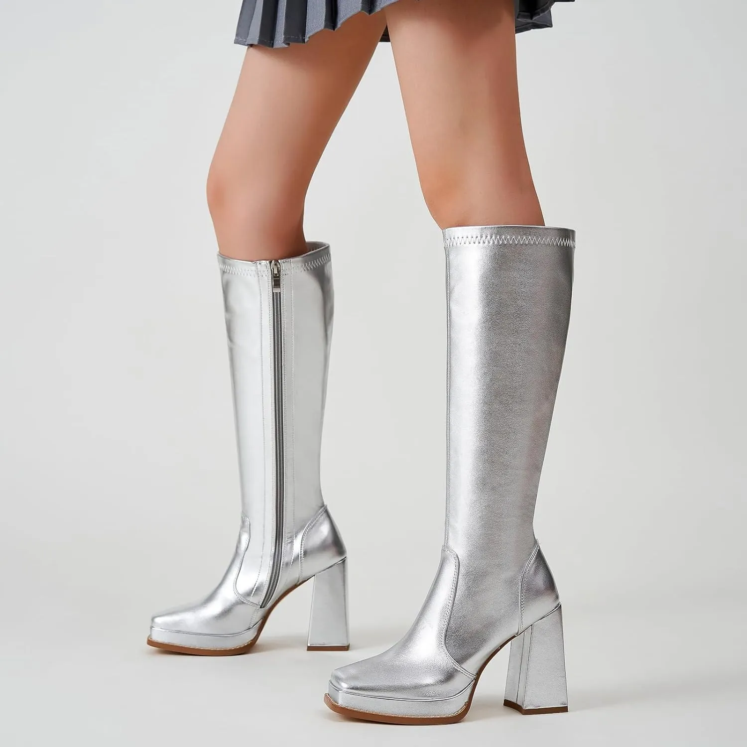 ZXHYZLZ Knee High Gogo Boots 70S For Women Wide Calf Long Tall Square Toe Chunky Boot Women