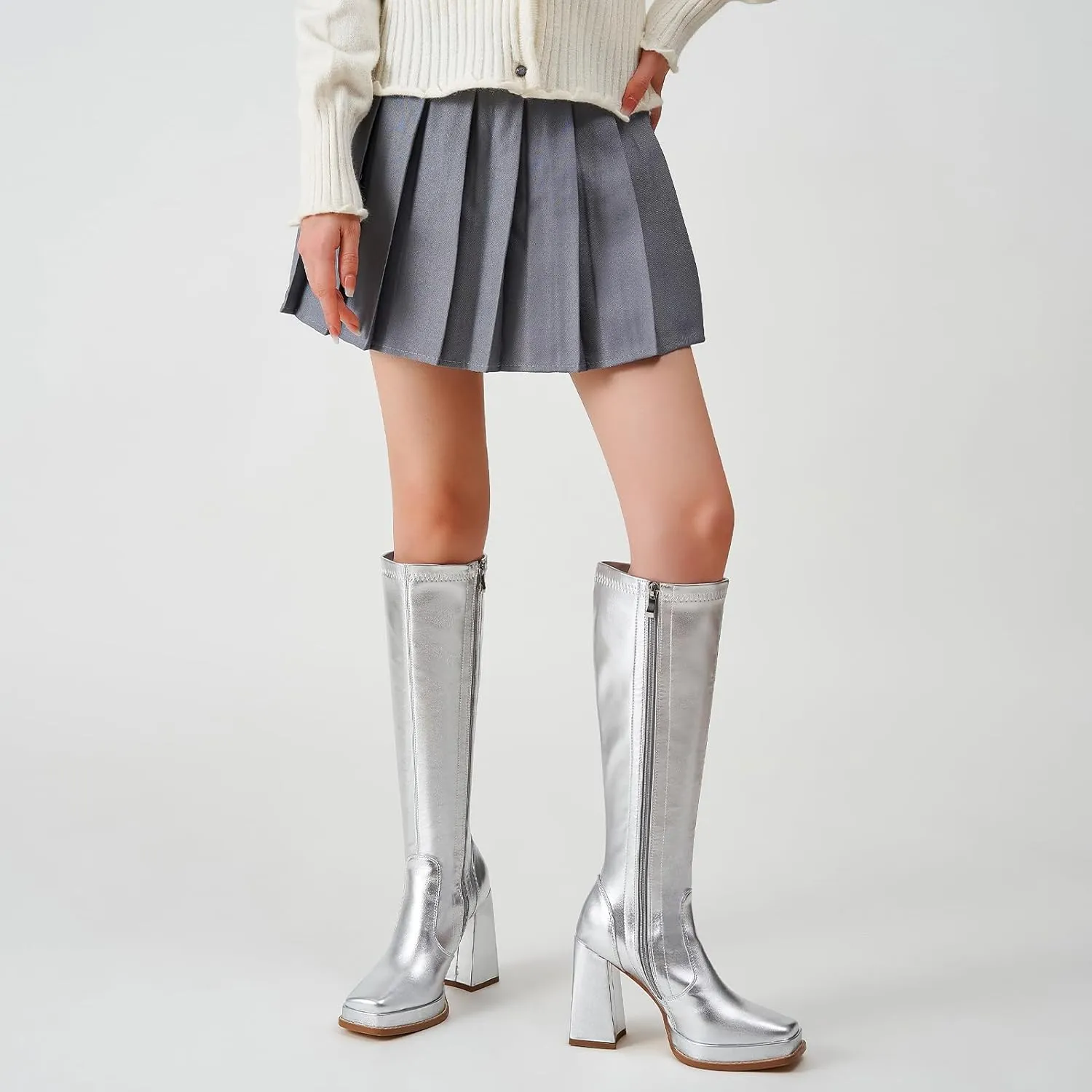 ZXHYZLZ Knee High Gogo Boots 70S For Women Wide Calf Long Tall Square Toe Chunky Boot Women
